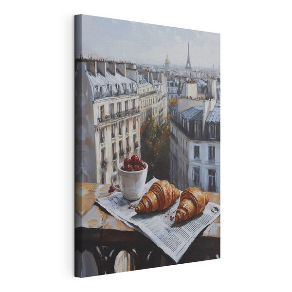 Obraz Šálka kávy a croissanty na stole s budovami v pozadí (Katalógové číslo: s43892) Obraz Obraz Šálka kávy a croissanty na stole s budovami v pozadí (Katalógové číslo: s43892)