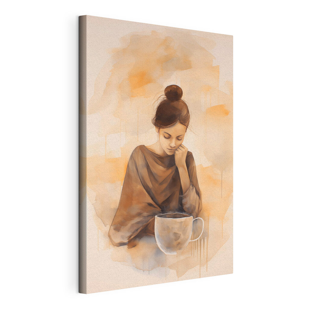 Woman with her hand on her face looking down at a cup of coffee Woman with her hand on her face looking down at a cup of coffee