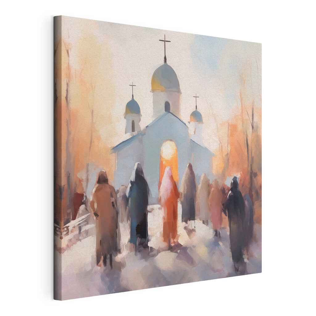 Group of people walking in front of a church Group of people walking in front of a church