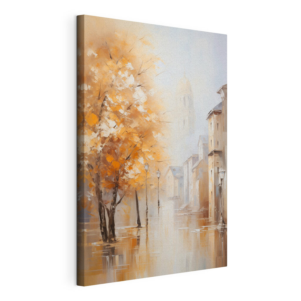 Painting of a street with trees and buildings in the background Painting of a street with trees and buildings in the background