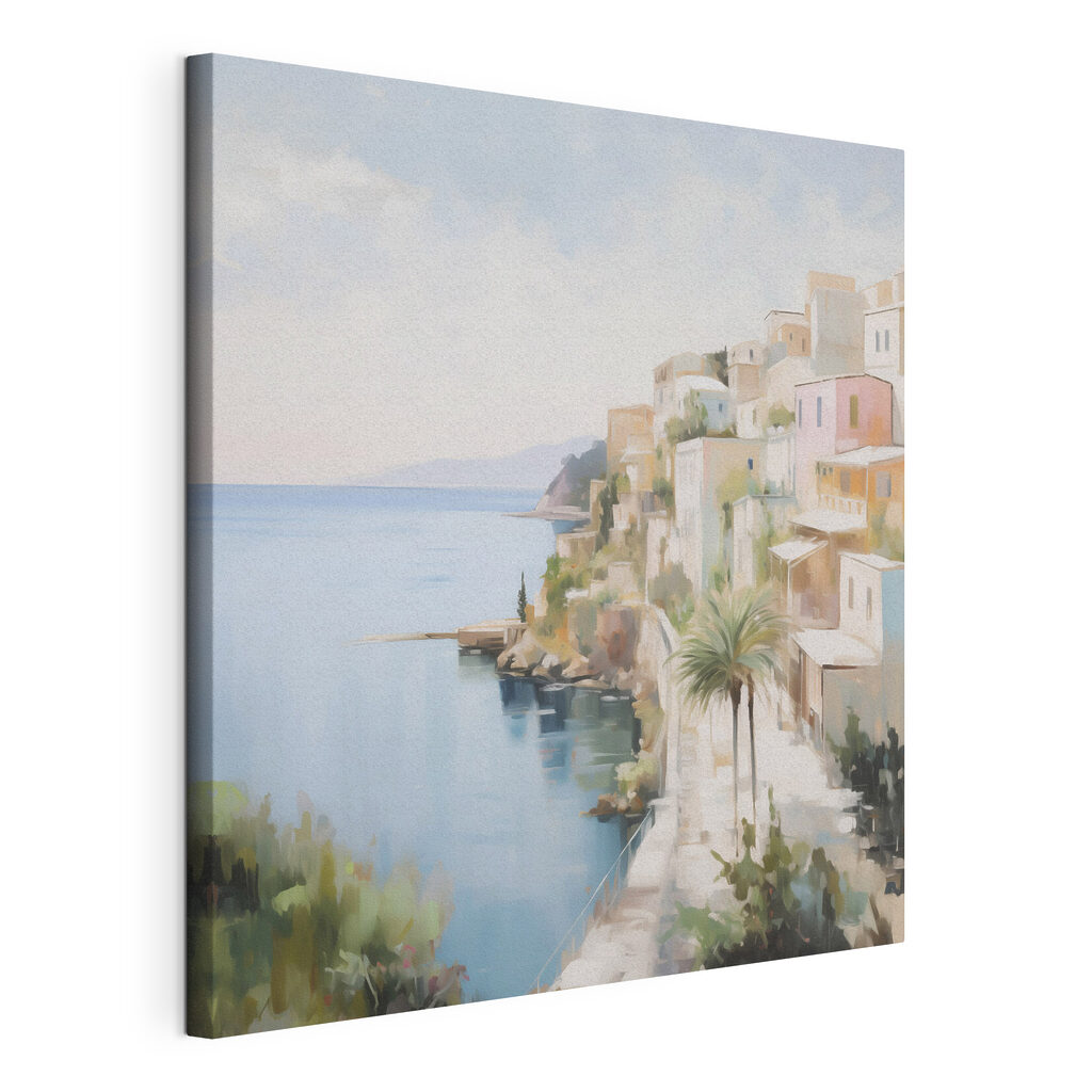 Watercolor painting of a town by the sea Watercolor painting of a town by the sea