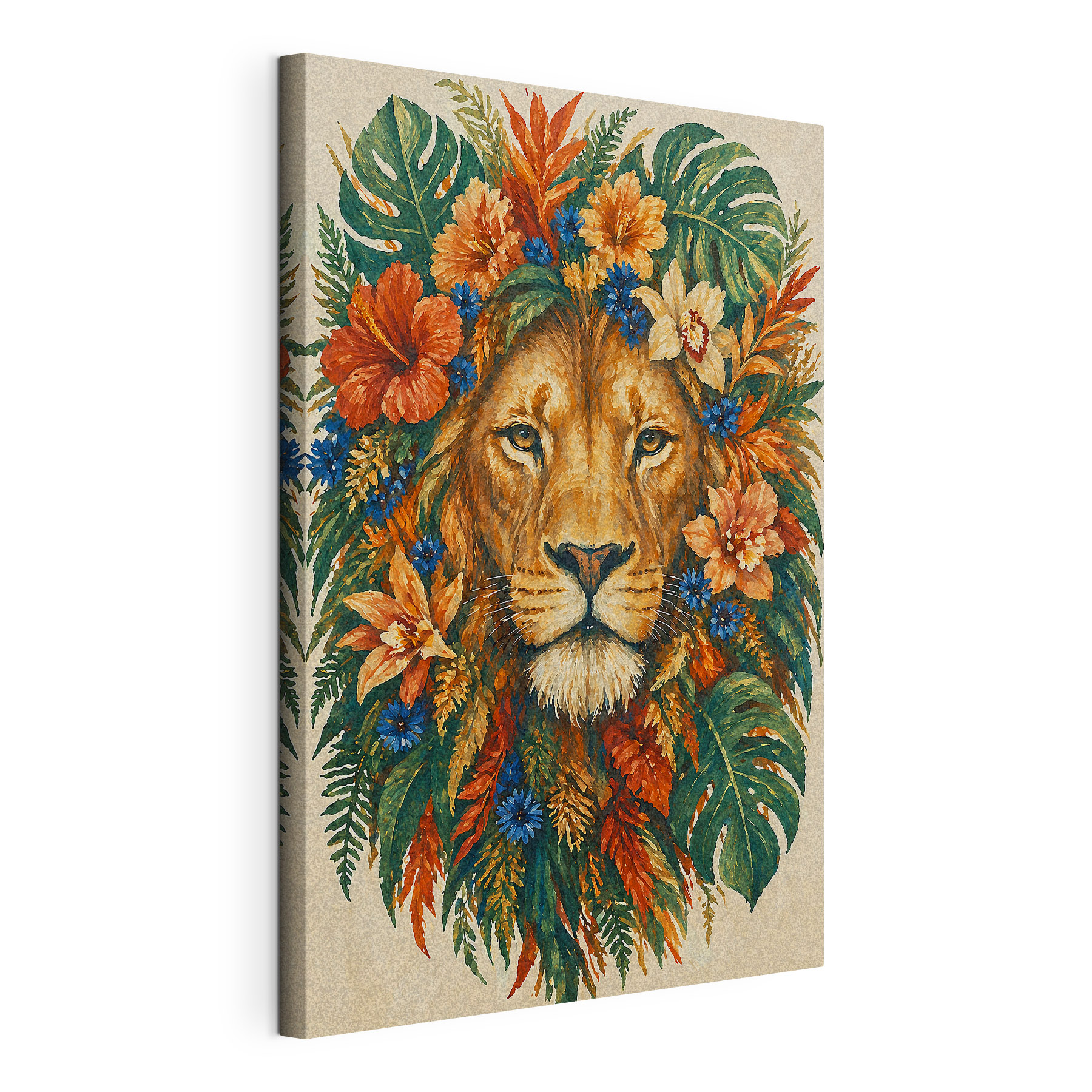 Painting of a lion with flowers