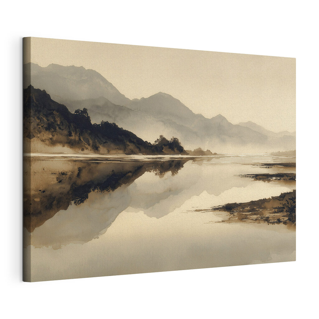 Watercolor painting of a lake with mountains in the background Watercolor painting of a lake with mountains in the background