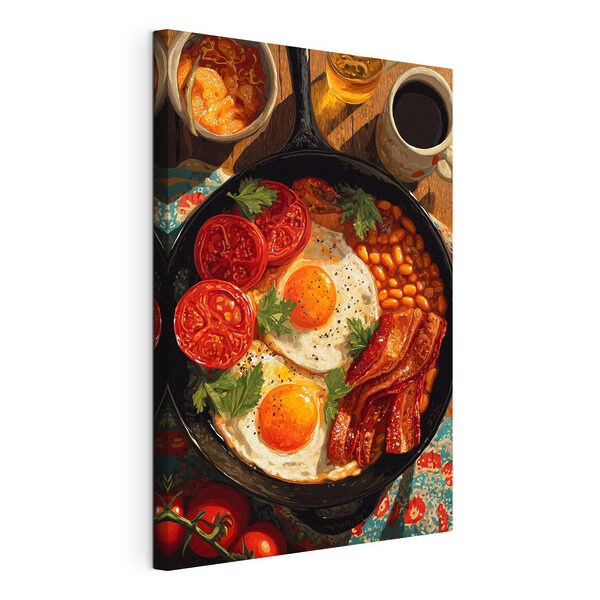 Obraz Pan s jedlom, v ktorom sú vajcia, slanina, fazuľa a paradajky (Katalógové číslo: s49308) Obraz Obraz Pan s jedlom, v ktorom sú vajcia, slanina, fazuľa a paradajky (Katalógové číslo: s49308)