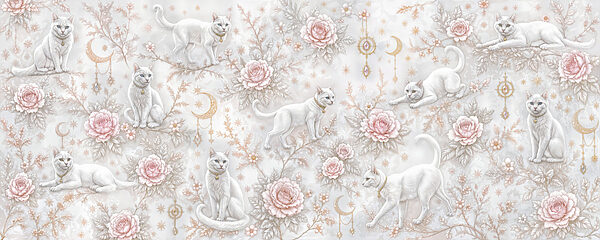 Wallpaper with white cats and flowers