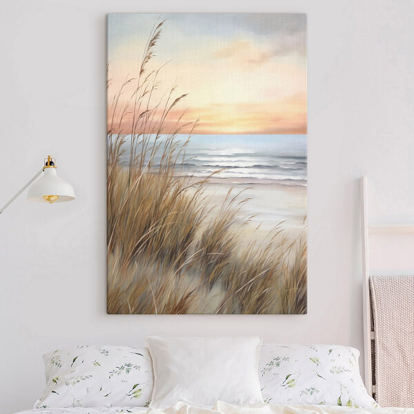 Painting of a beach with tall grass and water