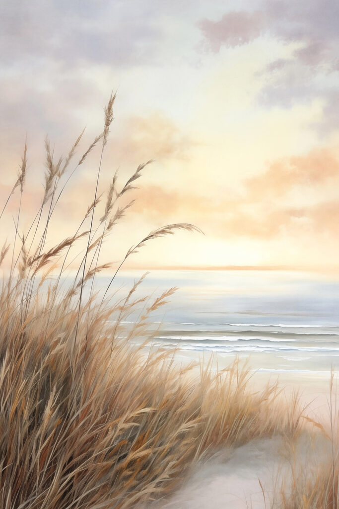 Painting of a beach with tall grass and water Painting of a beach with tall grass and water