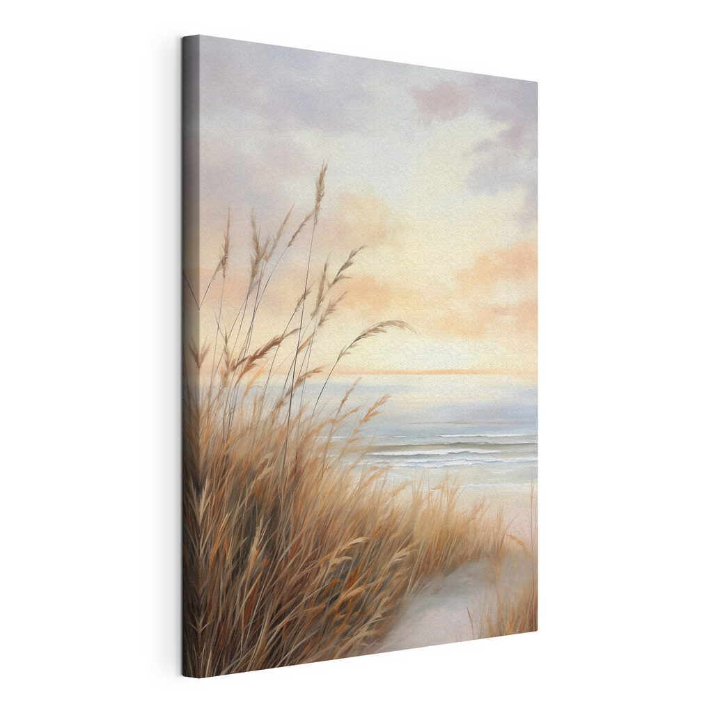 Painting of a beach with tall grass and water Painting of a beach with tall grass and water