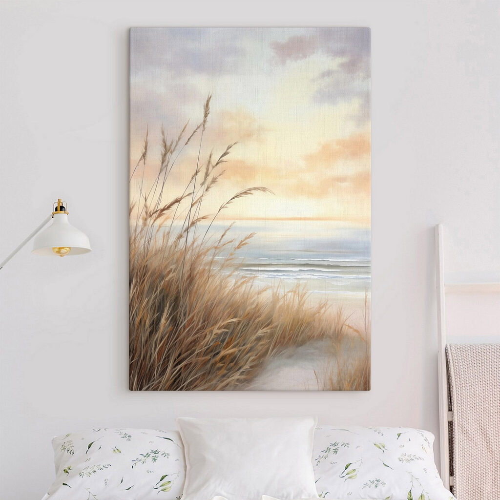 Painting of a beach with tall grass and water Painting of a beach with tall grass and water