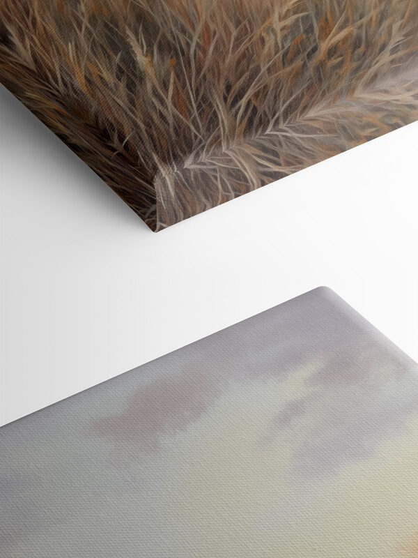 Painting of a beach with tall grass and water Painting of a beach with tall grass and water