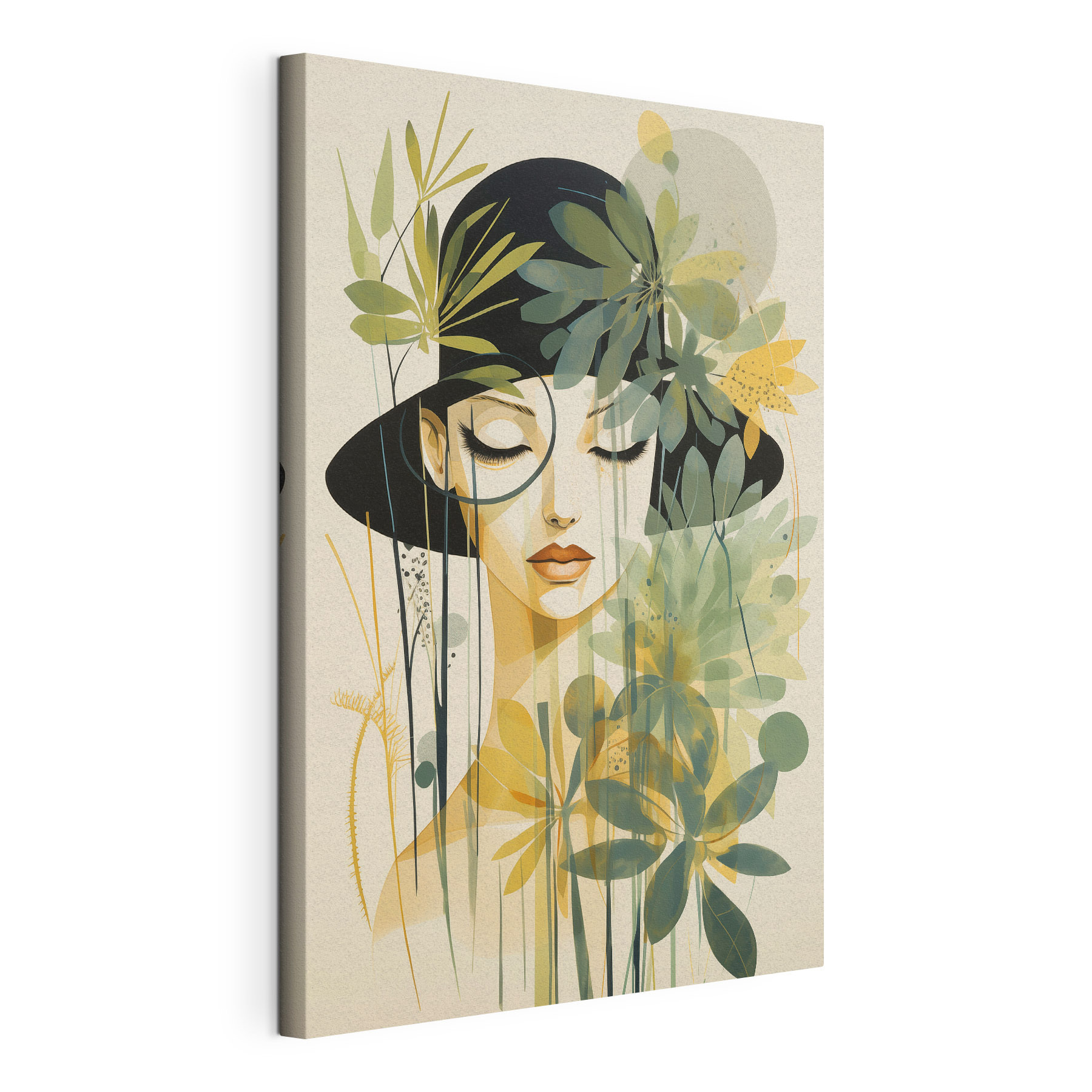 Woman with black hat and green leaves Woman with black hat and green leaves
