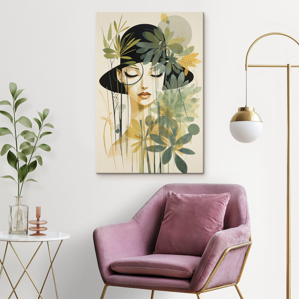 Woman with black hat and green leaves Woman with black hat and green leaves
