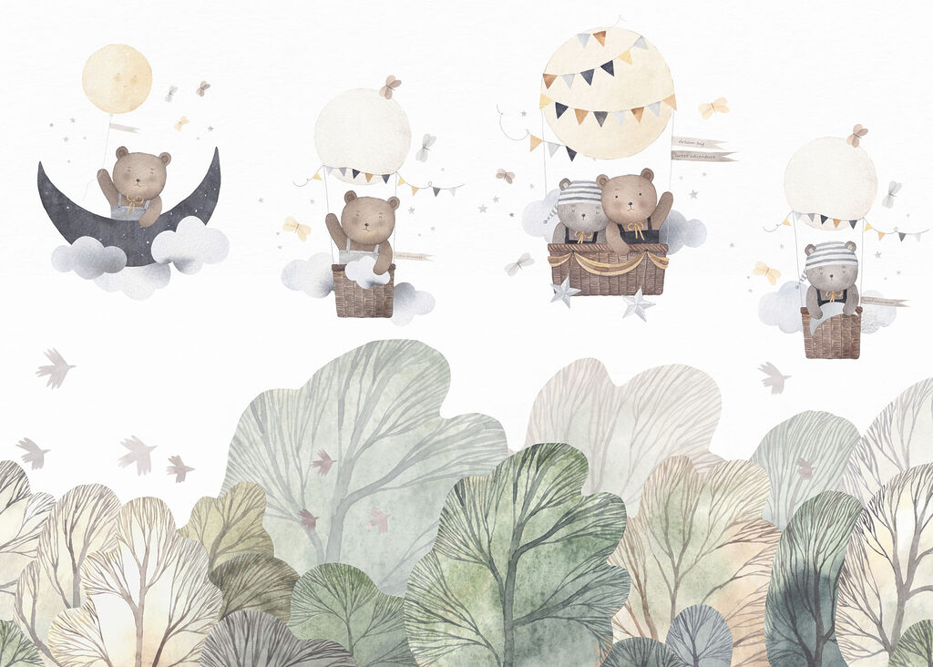 Group of teddy bears in a hot air balloon