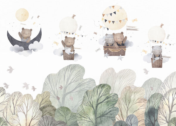 Group of teddy bears in a hot air balloon