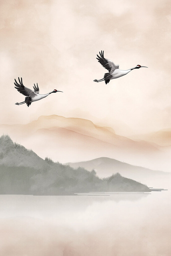 Two birds flying over a lake