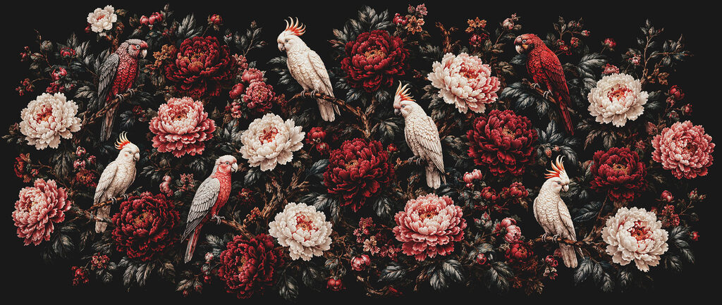 Painting of birds on a branch with flowers