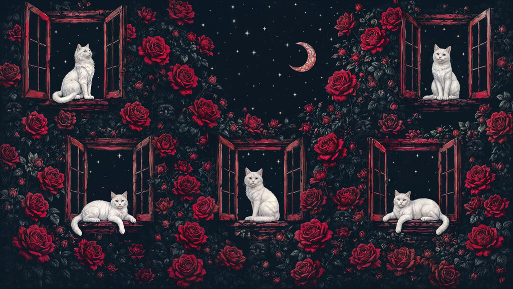 Group of cats sitting on windows in roses