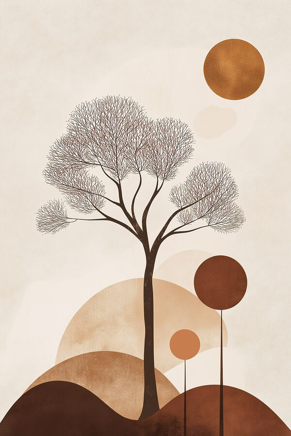 Tree with brown circles and a white background