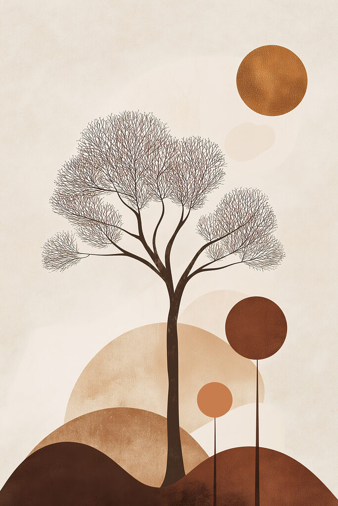 Tree with brown circles and a white background
