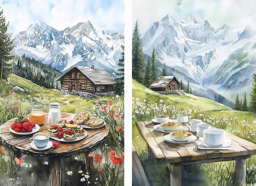 Painting of a table with food and drinks on it Painting of a table with food and drinks on it