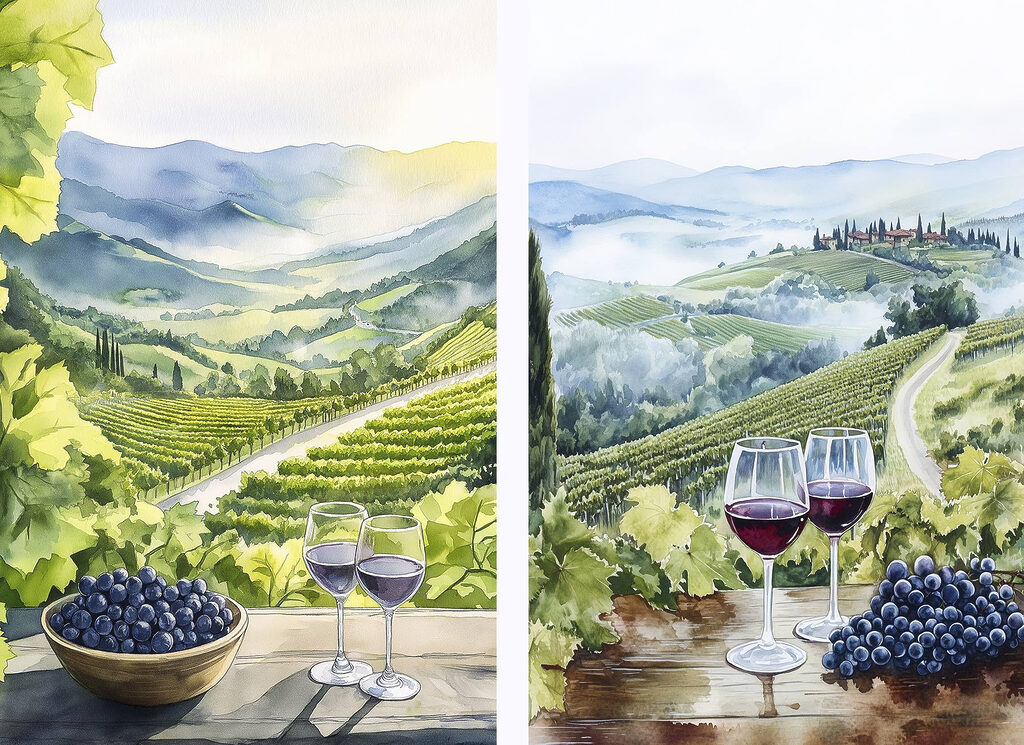 Painting of wine glasses and grapes on a table Painting of wine glasses and grapes on a table