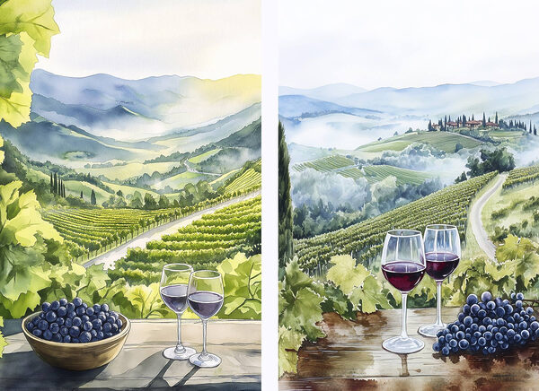 Painting of wine glasses and grapes on a table Painting of wine glasses and grapes on a table