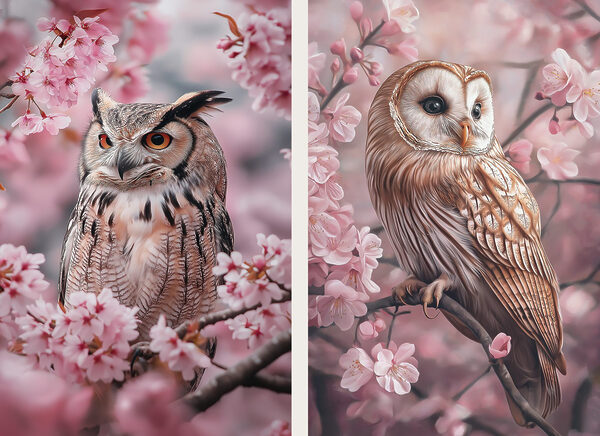 Collage of owls on a tree branch Collage of owls on a tree branch
