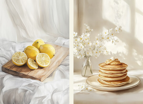 Lemons on a cutting board and a stack of pancakes Lemons on a cutting board and a stack of pancakes
