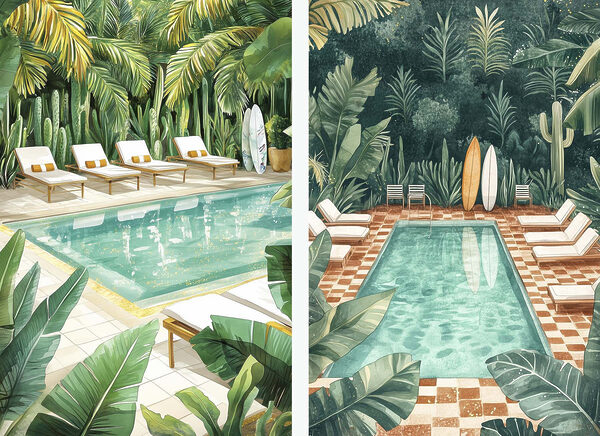 Pool and lounge chairs in a tropical area Pool and lounge chairs in a tropical area