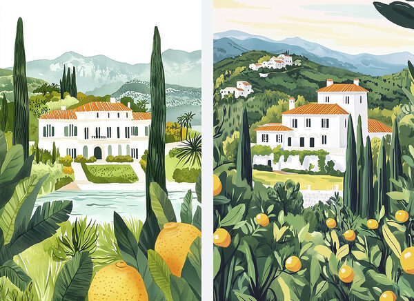 Painting of a house and a river Painting of a house and a river
