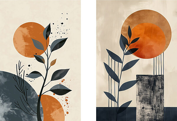 Two paintings of plants and sun Two paintings of plants and sun