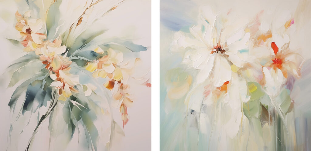 Two paintings of flowers on a white surface Two paintings of flowers on a white surface