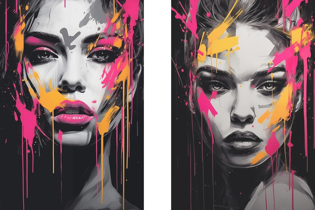 Collage of a woman's face with paint splatters Collage of a woman's face with paint splatters