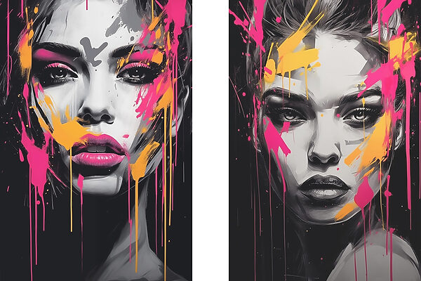 Collage of a woman's face with paint splatters Collage of a woman's face with paint splatters