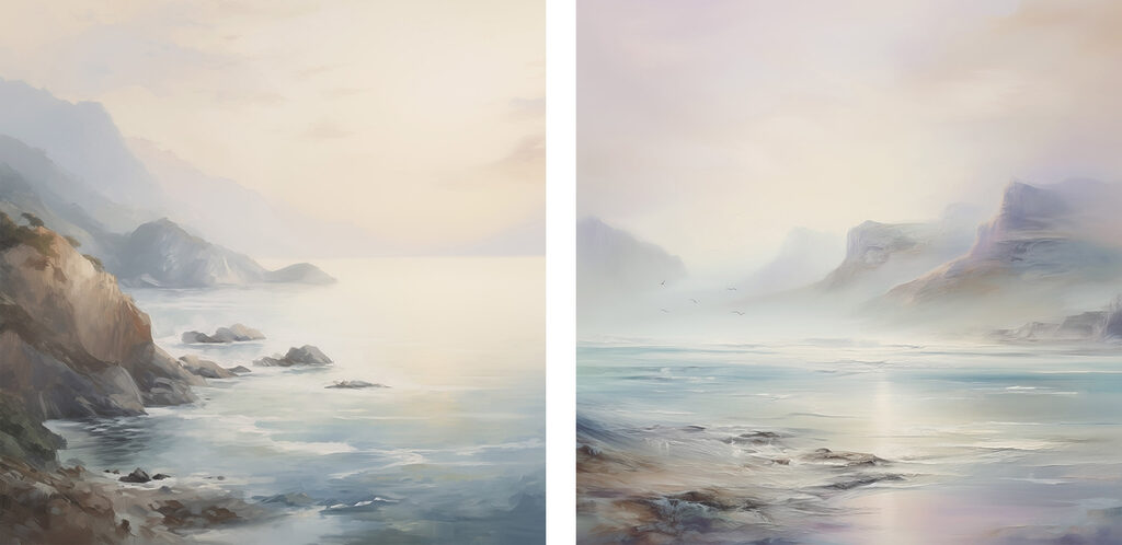 Painting of a beach and a rocky beach