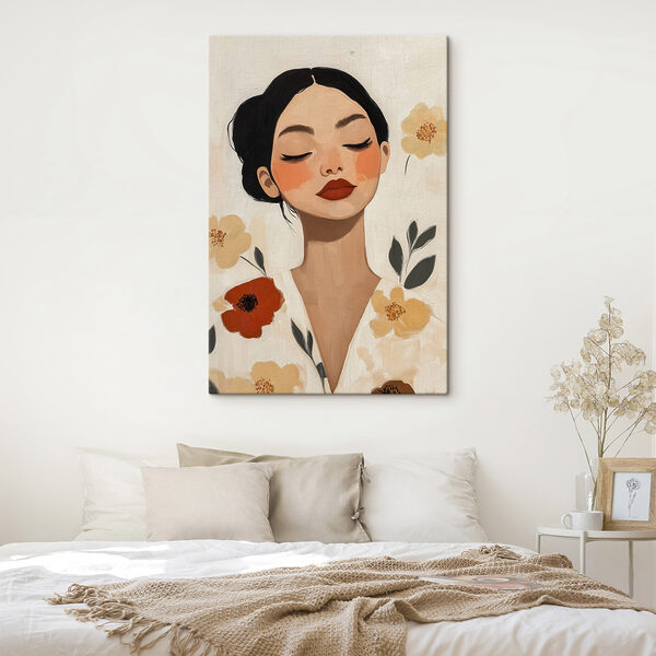 Woman with red lips and flowers