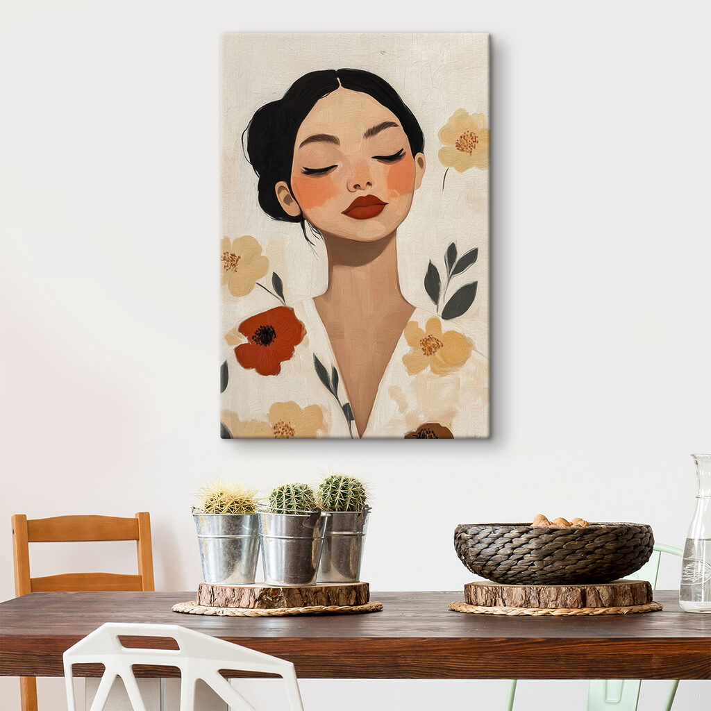 Woman with red lips and flowers