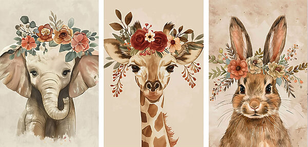 Collage of animals with flowers on their heads Collage of animals with flowers on their heads