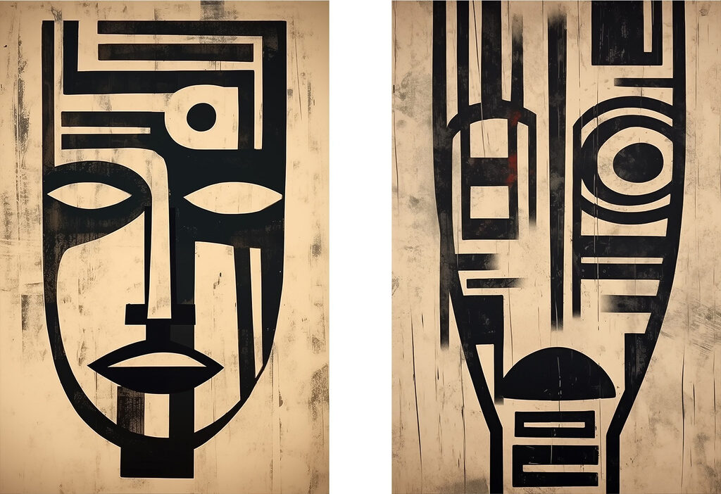 Abstract faces in contrasting designs Abstract faces in contrasting designs