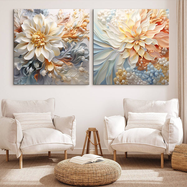 - Elegant blooms in soft pastel hues - Elegant blooms in soft pastel hues