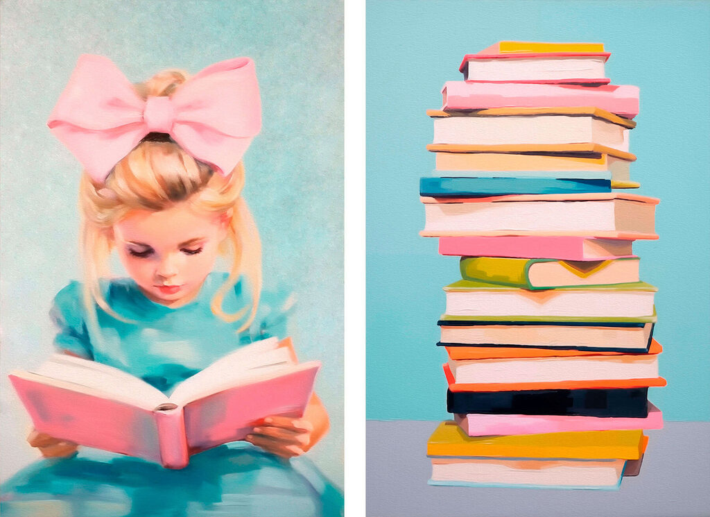 Girl reading a book and a stack of books Girl reading a book and a stack of books