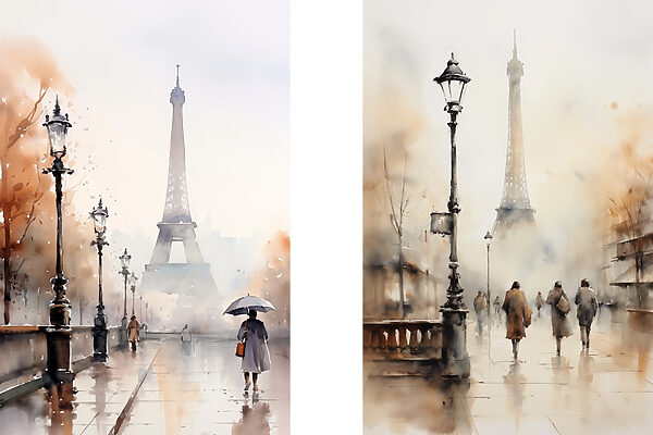 Watercolor painting of a city street and a woman walking with an umbrella