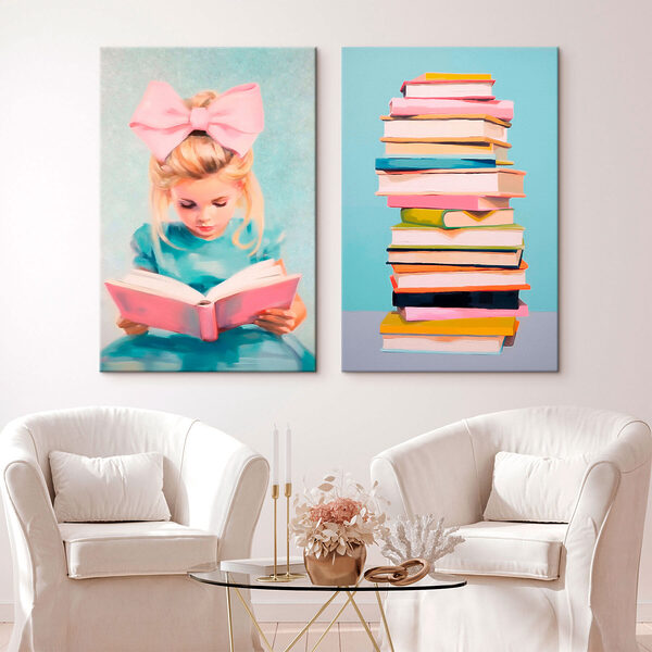 Girl reading a book and a stack of books Girl reading a book and a stack of books