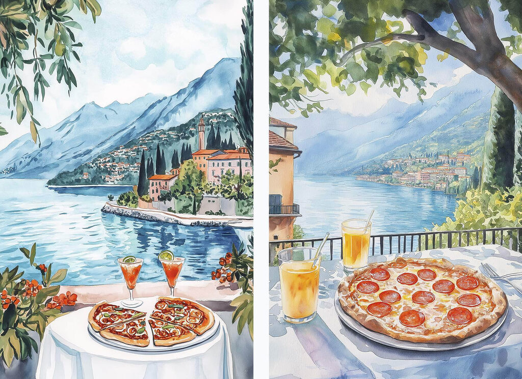 Watercolor painting of a table with pizzas and drinks on it Watercolor painting of a table with pizzas and drinks on it