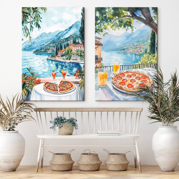 Watercolor painting of a table with pizzas and drinks on it Watercolor painting of a table with pizzas and drinks on it