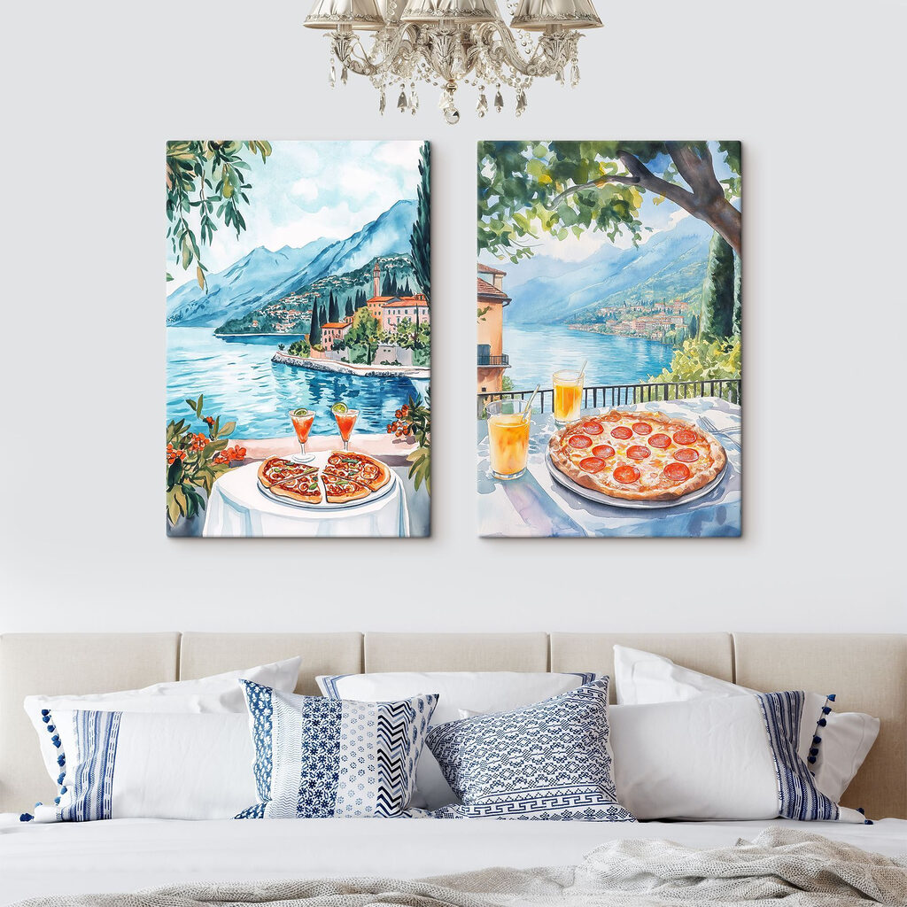 Watercolor painting of a table with pizzas and drinks on it Watercolor painting of a table with pizzas and drinks on it