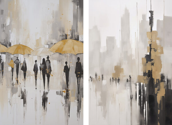 Painting of people walking with umbrellas