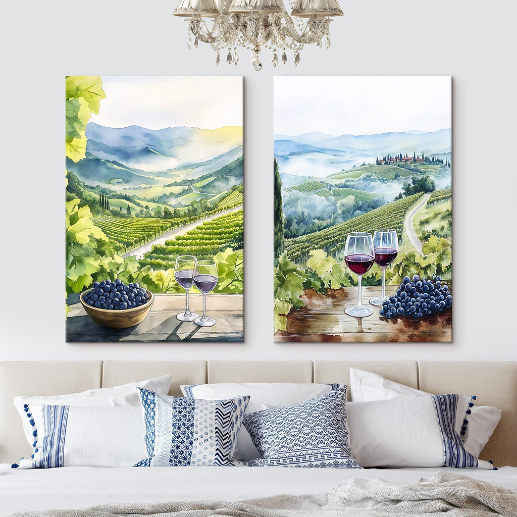 Painting of wine glasses and grapes on a table Painting of wine glasses and grapes on a table