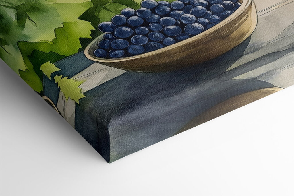 Painting of wine glasses and grapes on a table Painting of wine glasses and grapes on a table