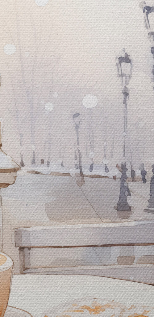 Painting of a street with a table and chairs Painting of a street with a table and chairs